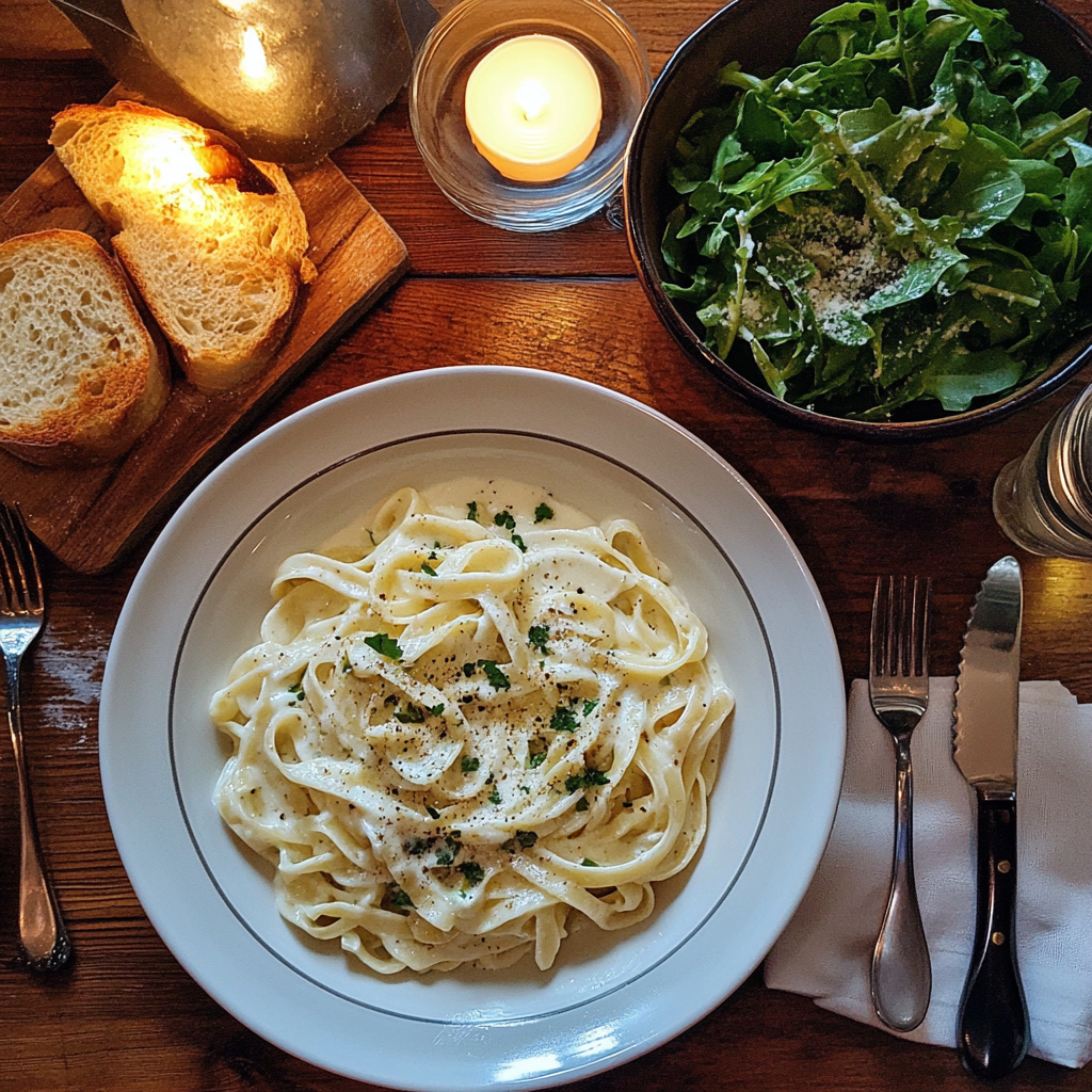 Creamy Alfredo dinner setup with salad