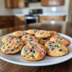 A plate of pancake mix cookies with a glass of milk on a marble countertop.