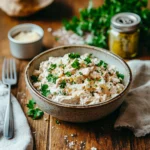 Bowl of Barbie's Tuna Salad garnished with parsley and Parmesan cheese.